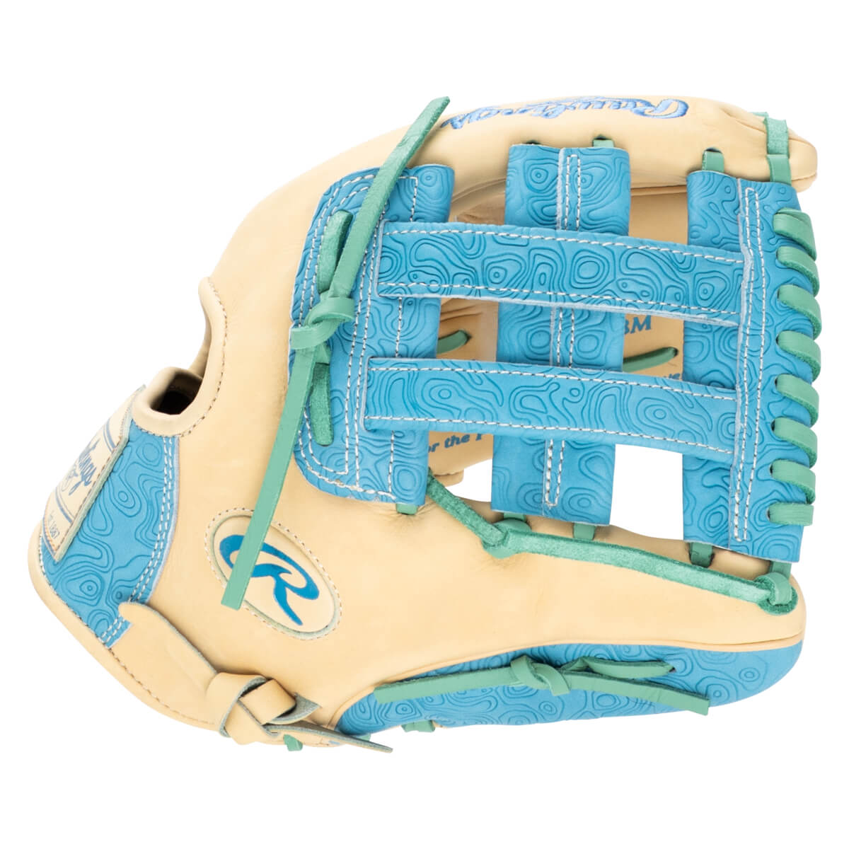 Top-down view of a tan baseball glove with blue topographic pattern accents and teal lacing.