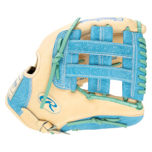 Top-down view of a tan baseball glove with blue topographic pattern accents and teal lacing.