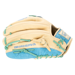 Side view of a tan baseball glove with blue wave pattern accents and teal lacing, featuring "THE GOLD GLOVE CO." text.