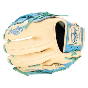 Top-down view of a Rawlings baseball glove with blue and tan accents, featuring "Rawlings" and "Est. 1887" text.