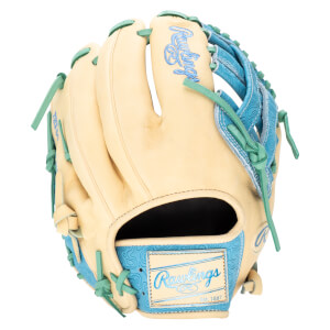 Front view of a tan baseball glove with teal laces and a blue patterned palm patch featuring "Rawlings Est. 1887".