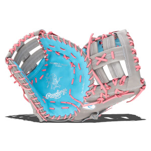 Interior view of a gray baseball glove with a bright blue palm and pink lacing, showing the Rawlings logo.