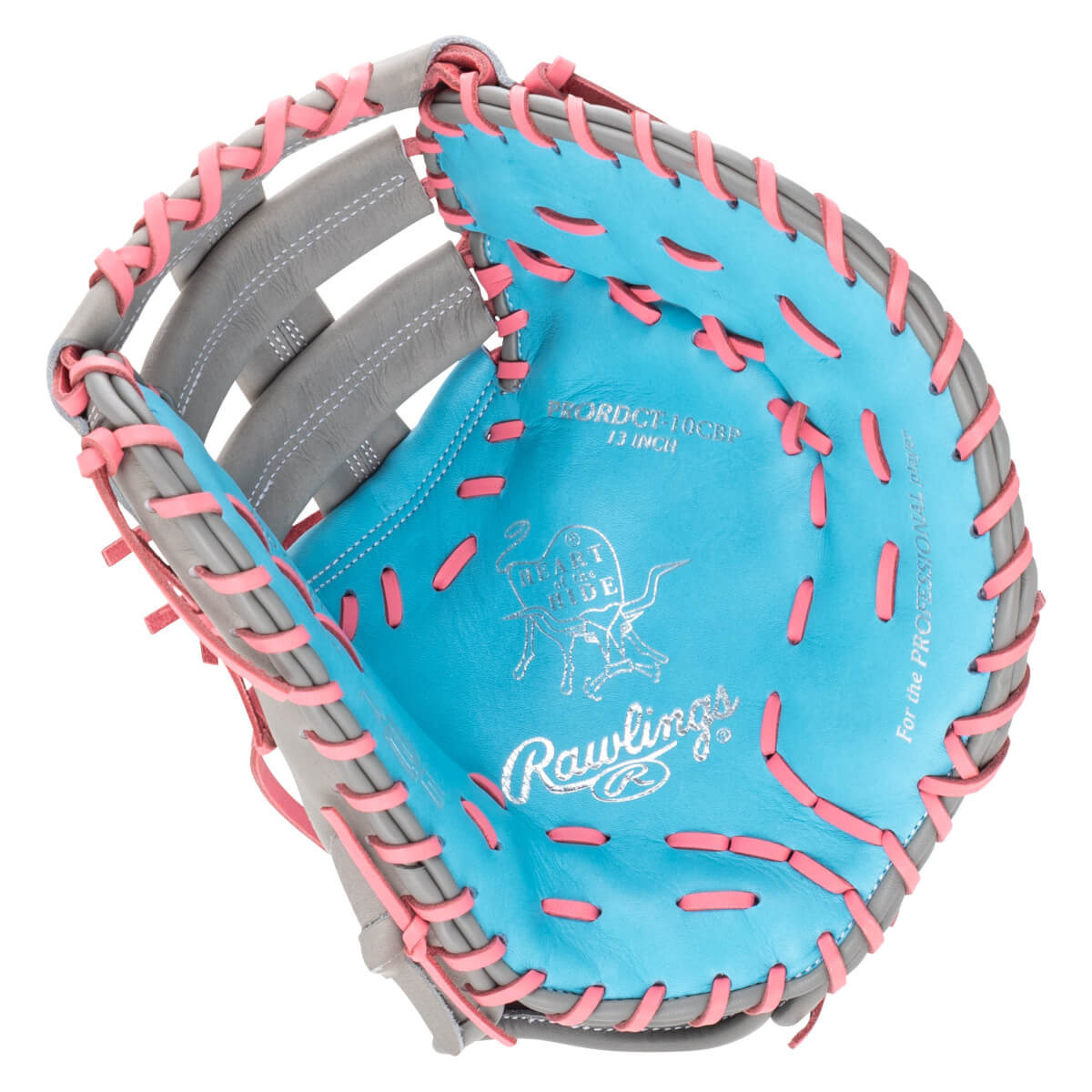 Top-down view of a blue and gray baseball glove with pink lacing, showing the Rawlings logo and "13 INCH".