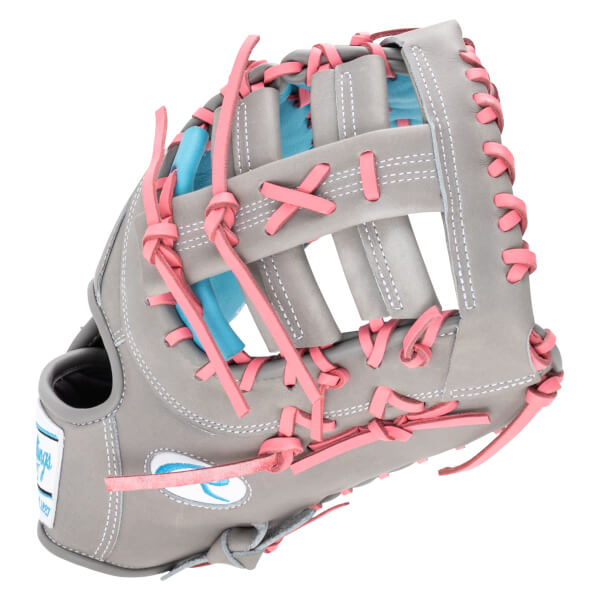 Side view of a gray baseball glove with pink lacing and a blue lining.