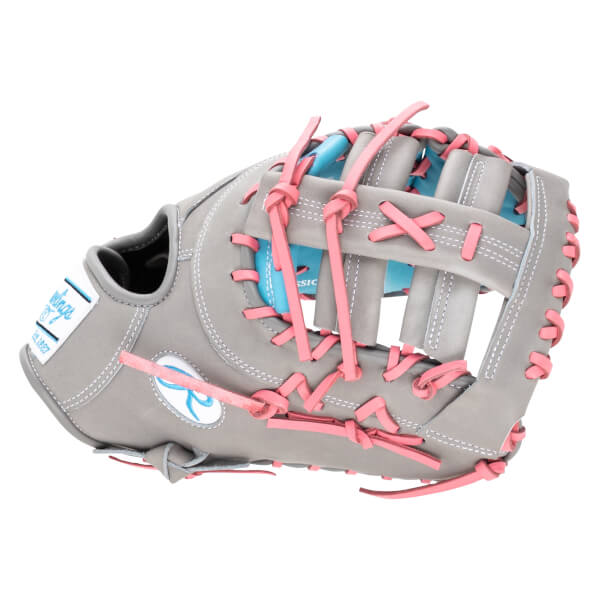 Top-down view of a gray baseball glove with pink lacing and a blue interior, showing the Rawlings logo.
