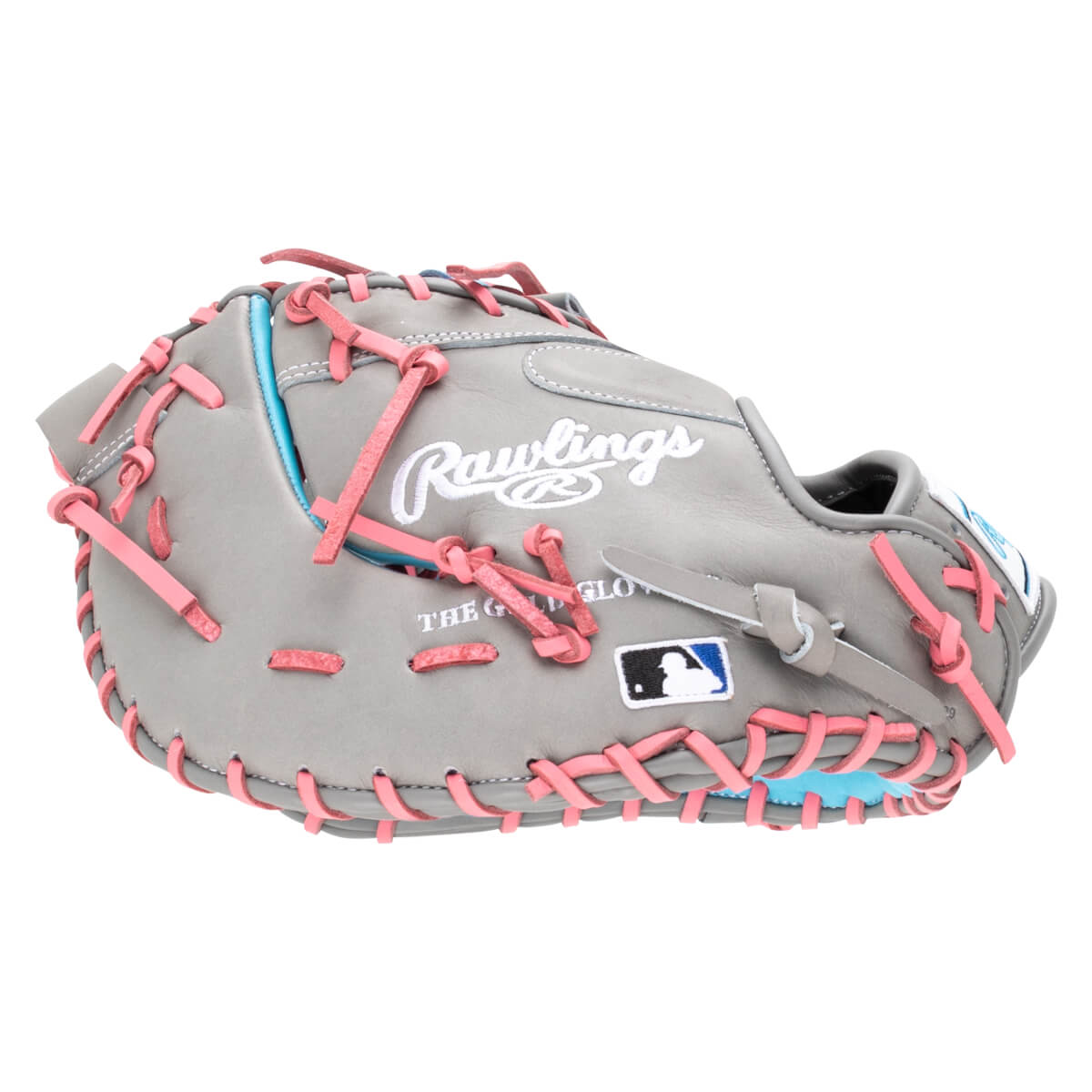 Side view of a gray Rawlings baseball glove with pink lacing and blue accents, featuring the Rawlings logo and MLB logo.