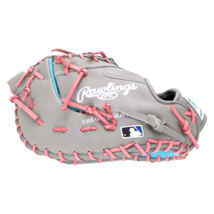Side view of a gray Rawlings baseball glove with pink lacing and blue accents, featuring the Rawlings logo and MLB logo.