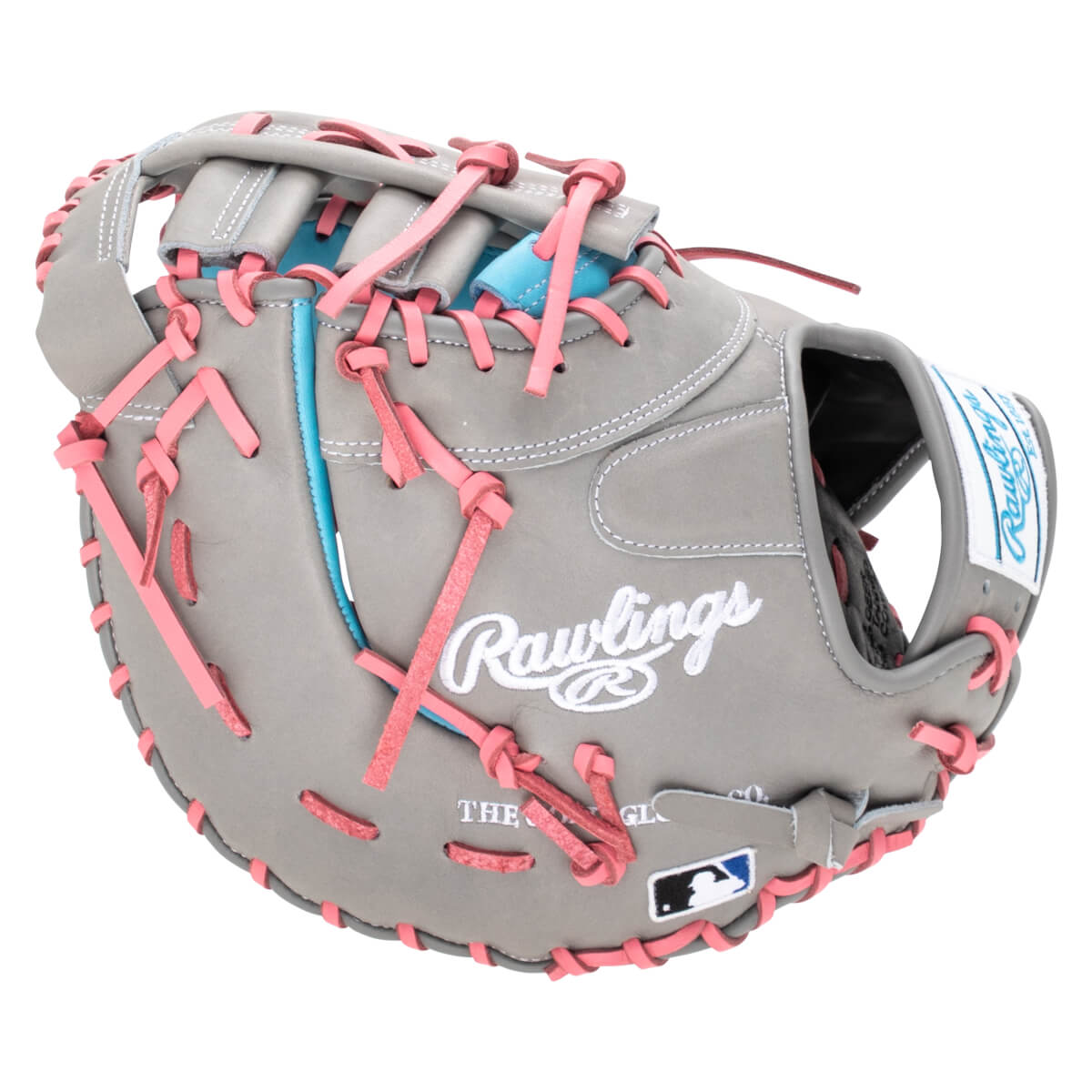 Front view of a gray baseball glove with pink lacing and a white Rawlings logo.