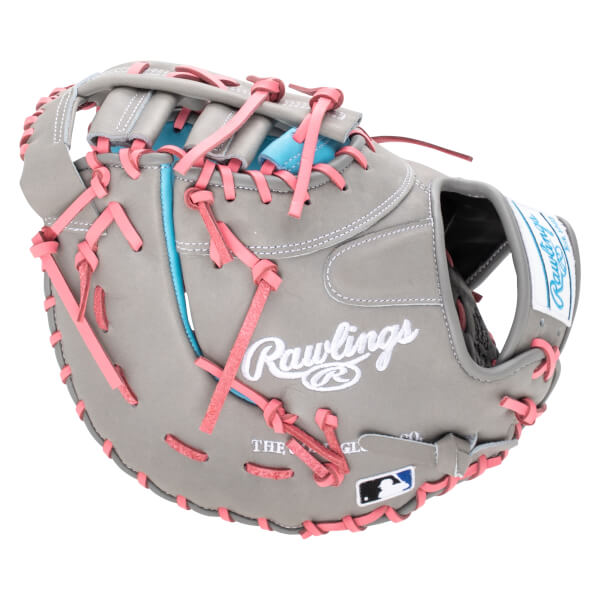 Front view of a gray baseball glove with pink lacing and a white Rawlings logo.