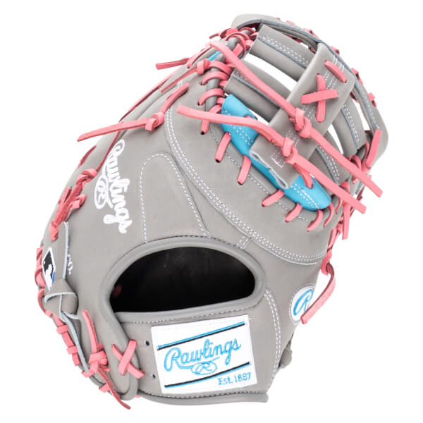 Top-down view of a gray Rawlings baseball glove with pink lacing and a blue accent.