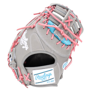 Top-down view of a gray Rawlings baseball glove with pink lacing and a blue accent.