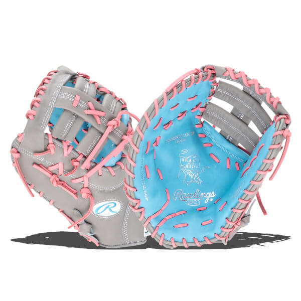 Front view of a gray baseball glove with pink lacing and a bright blue interior, showing the Rawlings logo.