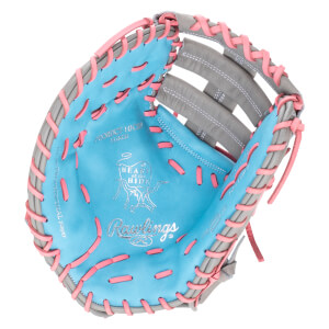 Top-down view of a blue and gray baseball glove with pink lacing, showing the Rawlings logo and "HEART of the HIDE".