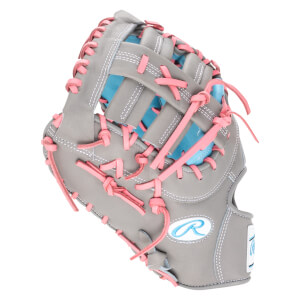 Front view of a gray baseball glove with pink lacing and a blue interior, featuring a white Rawlings "R" logo.
