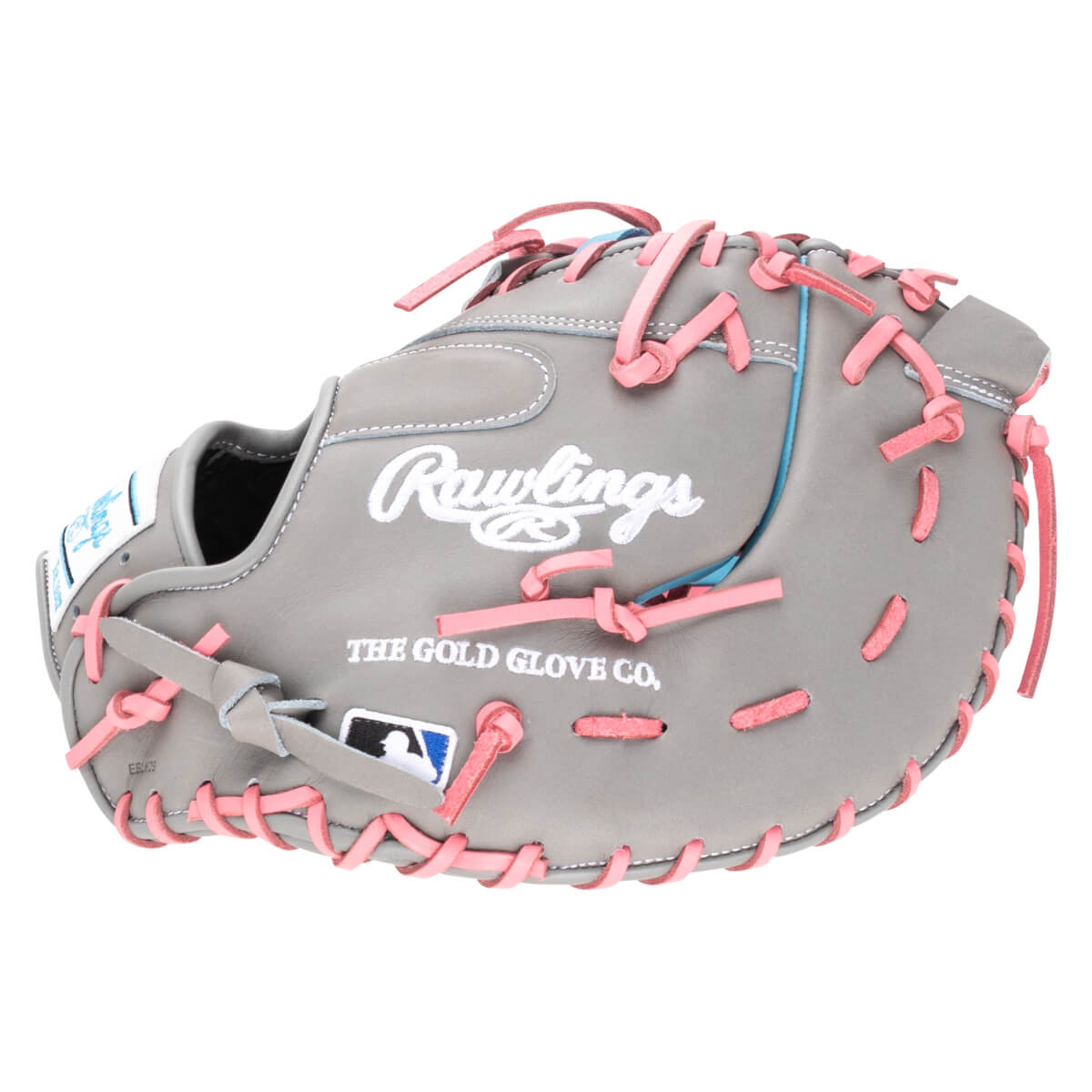 Front view of a gray Rawlings baseball glove with pink lacing and "THE GOLD GLOVE CO." text.