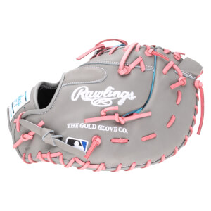 Front view of a gray Rawlings baseball glove with pink lacing and "THE GOLD GLOVE CO." text.