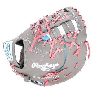 Top-down view of a gray Rawlings baseball glove with pink and blue lacing and white stitching.