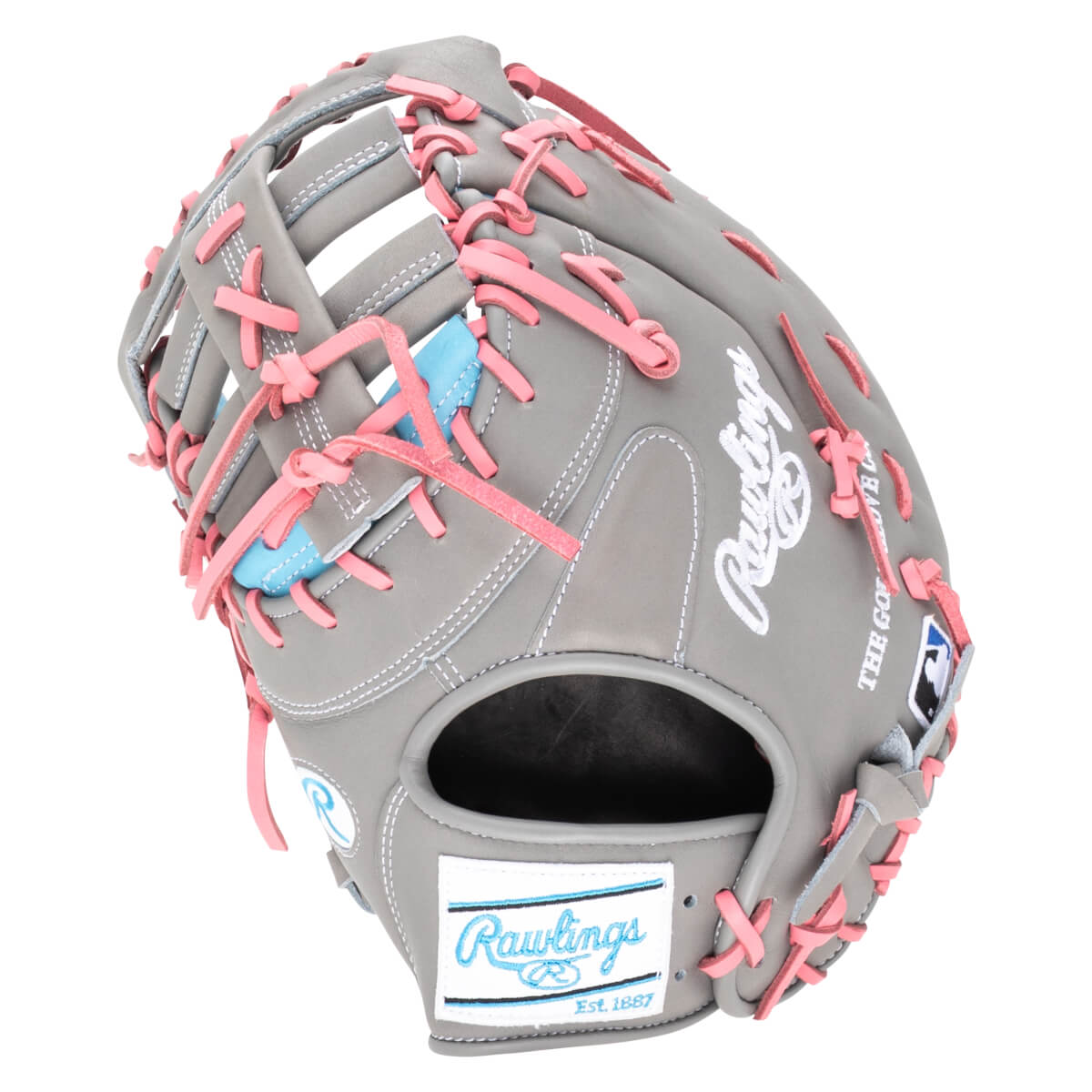 Top-down view of a gray baseball glove with pink lacing and a blue accent.