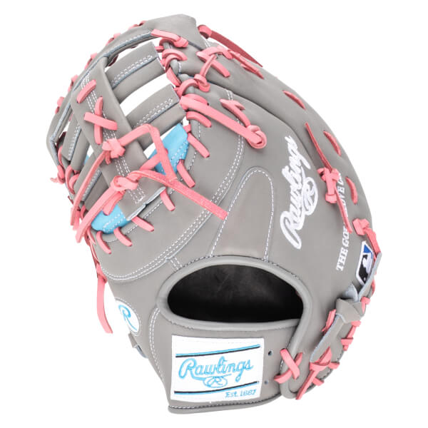 Top-down view of a gray baseball glove with pink lacing and a blue accent.