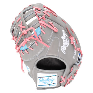 Top-down view of a gray baseball glove with pink lacing and a blue accent.