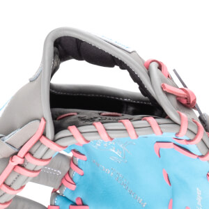 Close-up of a gray baseball glove with pink lacing and a blue palm featuring "PRODUCT 10 INCH" and "player" text.