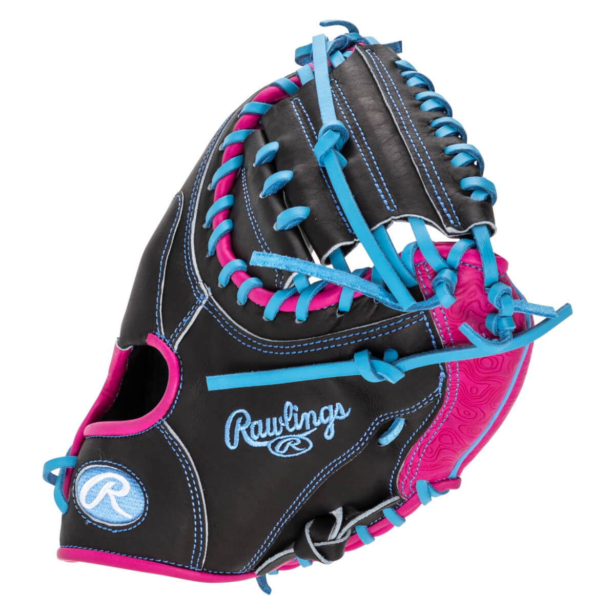Front view of a black Rawlings baseball glove with bright pink and blue lacing and stitching.