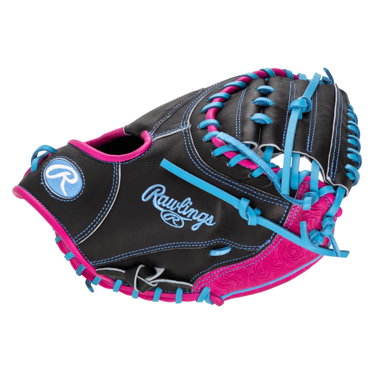 Front view of a black Rawlings glove with pink and blue lacing and stitching.