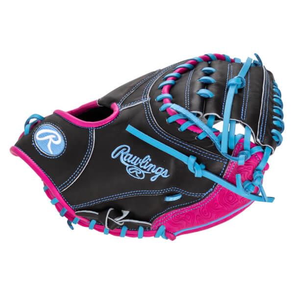 Front view of a black Rawlings glove with pink and blue lacing and stitching.