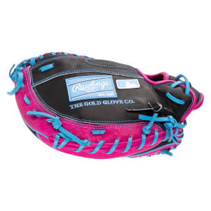 Front view of a black Rawlings baseball glove with pink and blue lacing and a "THE GOLD GLOVE CO." logo.