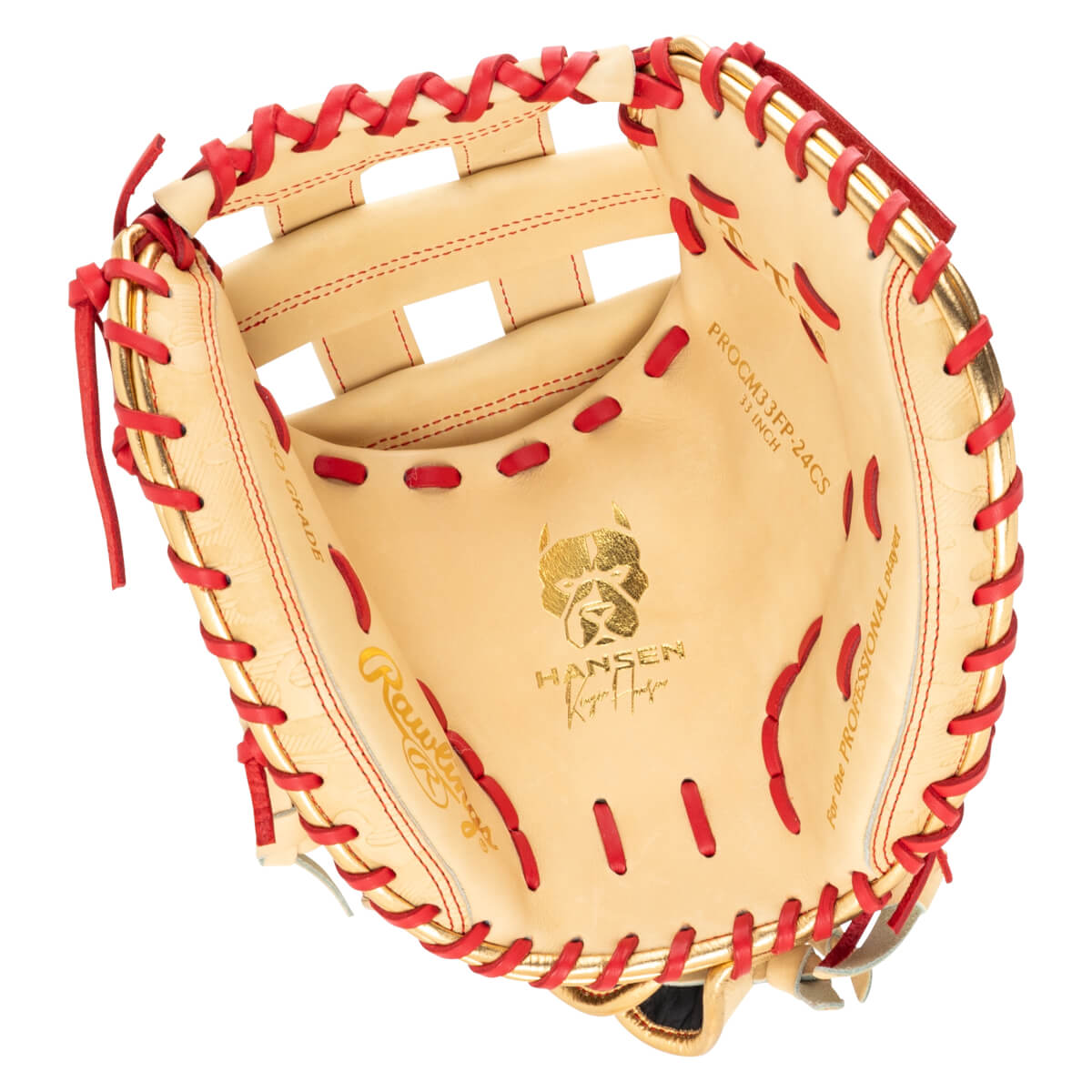 Top-down view of a tan baseball glove with red lacing, gold trim, and "Rawlings" and "Hansen" logos.