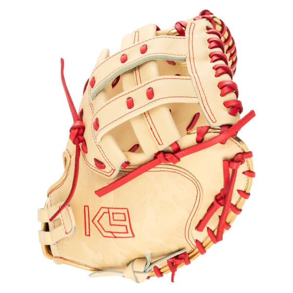 Side view of a tan baseball glove with red lacing and the "KG" logo embossed on the palm.