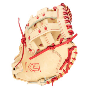 Side view of a tan baseball glove with red lacing and the "KG" logo embossed on the palm.