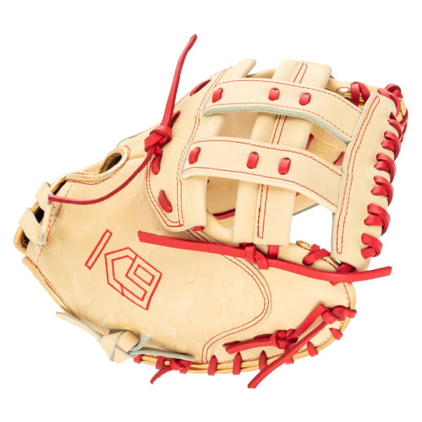 Side view of a tan baseball glove with red lacing and a red "KG" logo.