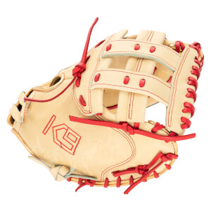 Side view of a tan baseball glove with red lacing and a red "KG" logo.