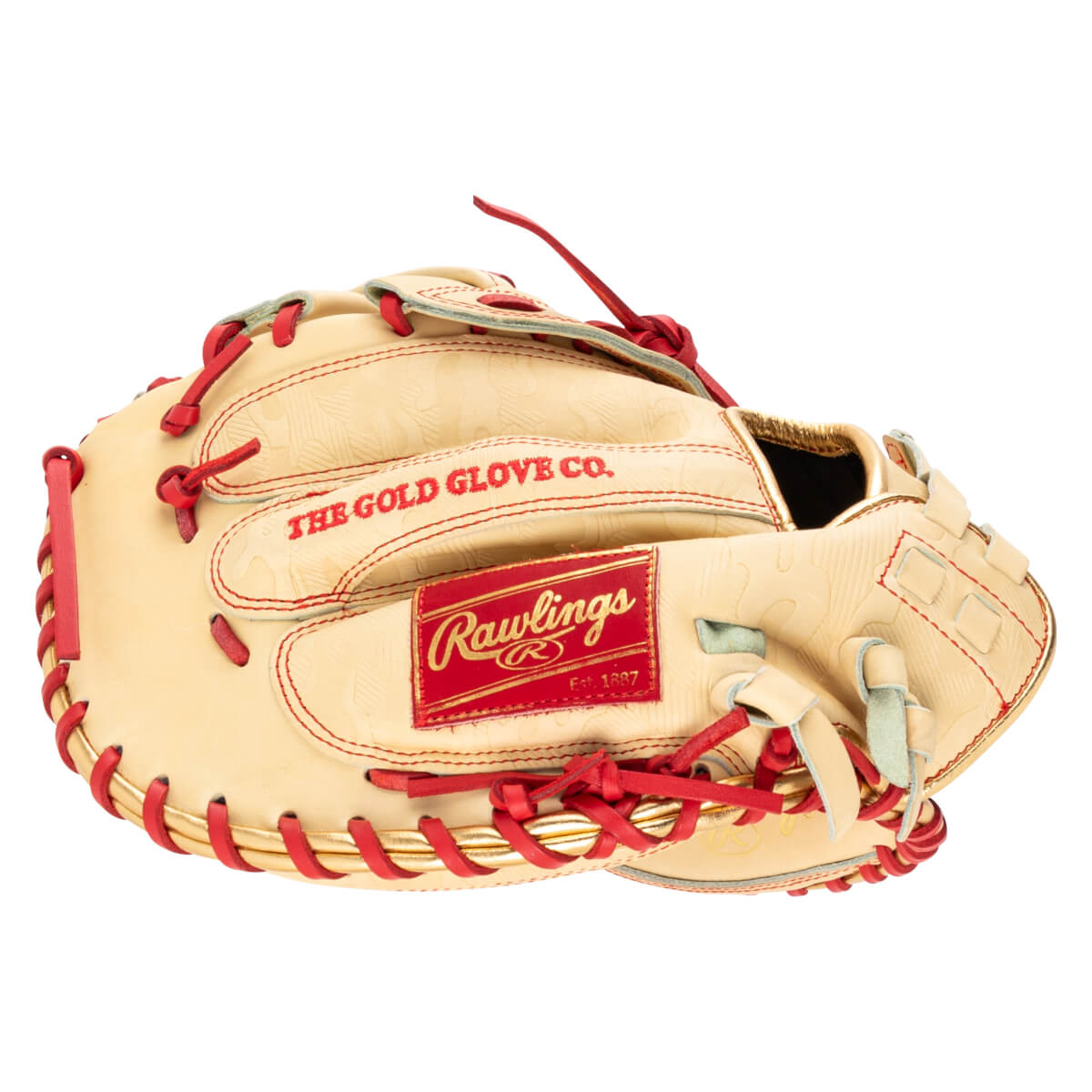 Top-down view of a tan baseball glove with red lacing and gold trim, featuring "THE GOLD GLOVE CO." and "Rawlings Est. 1887" text.