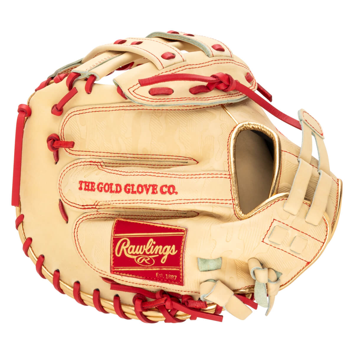 Side view of a tan baseball glove with red lacing, a red Rawlings logo, and gold trim.