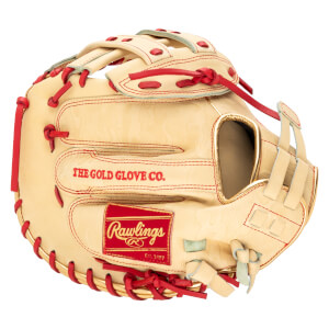 Side view of a tan baseball glove with red lacing, a red Rawlings logo, and gold trim.
