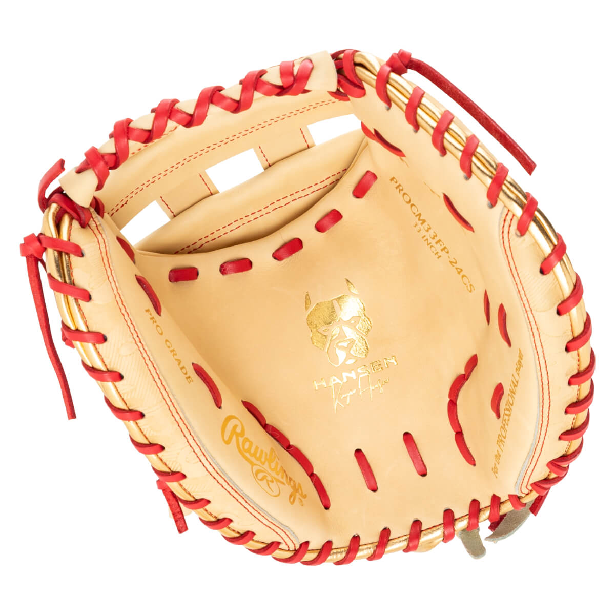 Top-down view of a tan baseball glove with red lacing and gold lettering including "Rawlings" and a dog logo.
