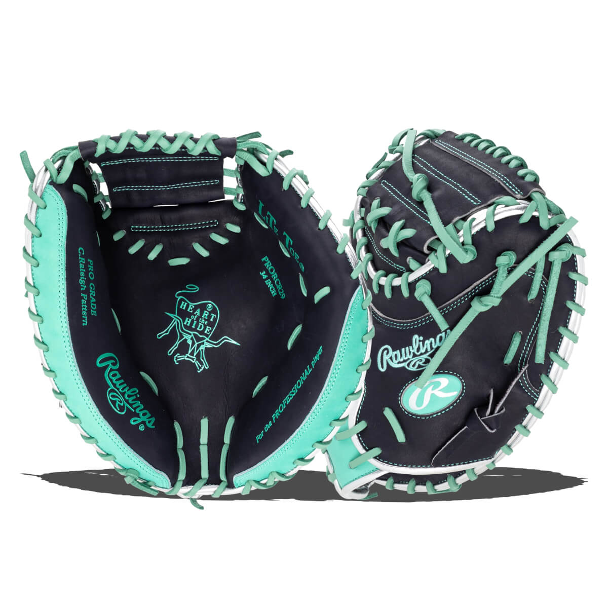 Top-down view of two black baseball gloves with mint green lacing and white trim, showing the "Rawlings" logo and "PRO GRADE" text.