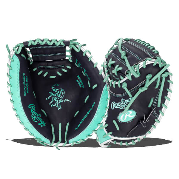 Top-down view of two black baseball gloves with mint green lacing and white trim, showing the "Rawlings" logo and "PRO GRADE" text.