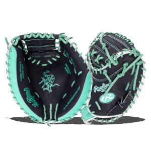 Top-down view of two black baseball gloves with mint green lacing and white trim, showing the "Rawlings" logo and "PRO GRADE" text.