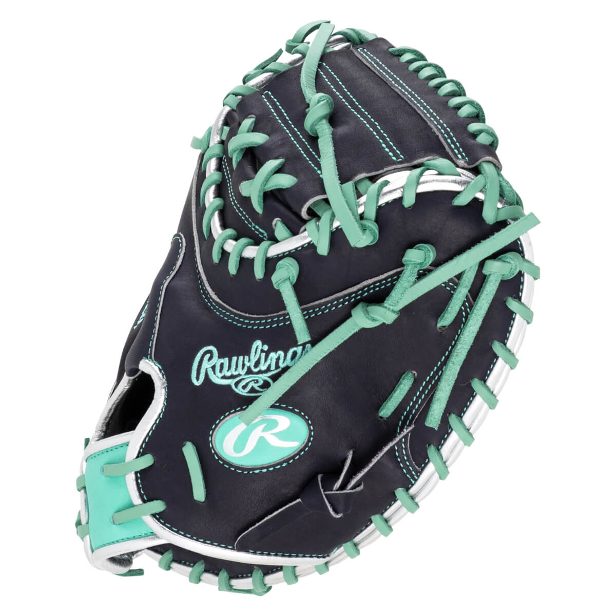 Top-down view of a black Rawlings glove with teal lacing and white trim.