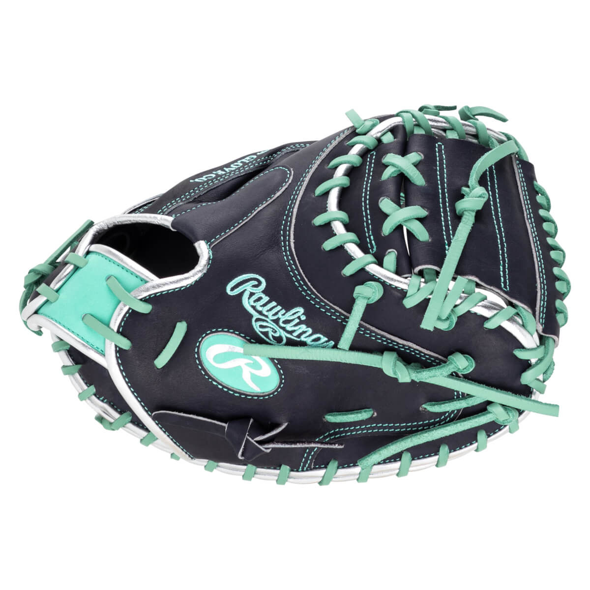Top-down view of a navy baseball glove with teal laces and trim, featuring the Rawlings logo.
