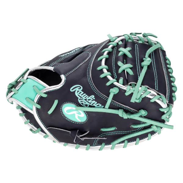 Top-down view of a navy baseball glove with teal laces and trim, featuring the Rawlings logo.