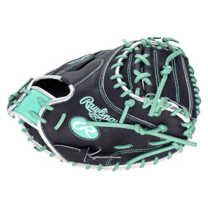 Top-down view of a navy baseball glove with teal laces and trim, featuring the Rawlings logo.