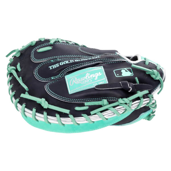 Front view of a black Rawlings baseball glove with aqua stitching and laces, featuring the MLB logo.