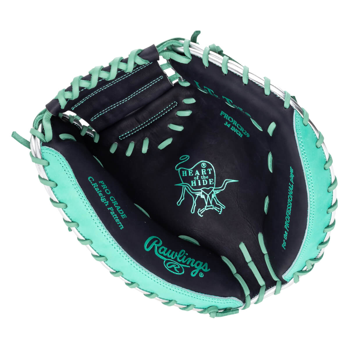 Inside view of a black baseball glove with teal lacing, showing the "Rawlings" logo and "HEART of the HIDE" emblem.