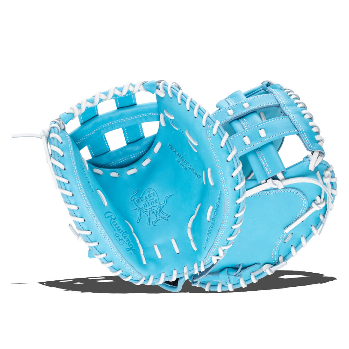 Top-down view of a bright blue Rawlings catcher's mitt with white lacing and "HEART OF THE HIDE" logo.