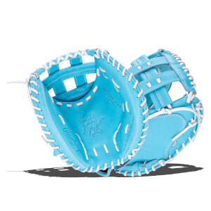 Top-down view of a bright blue Rawlings catcher's mitt with white lacing and "HEART OF THE HIDE" logo.