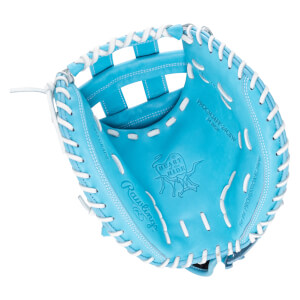 Top-down view of a bright blue baseball glove with white lacing, featuring "Rawlings" and "Heart of the Hide" logos.